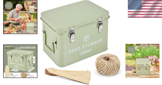 Elegant Metal Seed Storage Box with 3 Compartments & Bamboo Labels - Green
