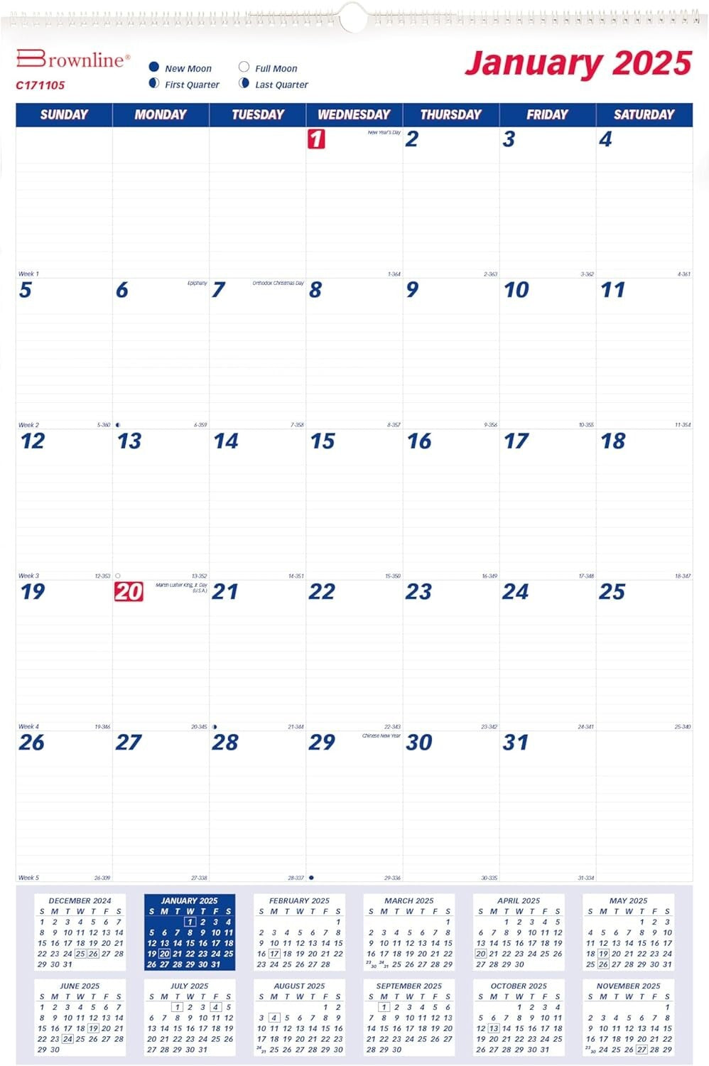 Elegant 2025 Wall Calendar - Monthly Layout with Eyelet Hanger & Reference Dates