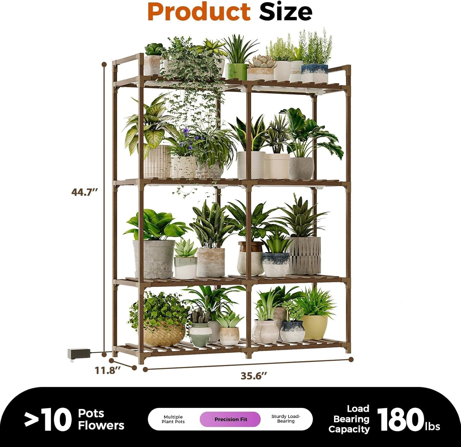 Durable Carbonized Wood Plant Rack with Integrated Grow Light - 16 Pot Capacity