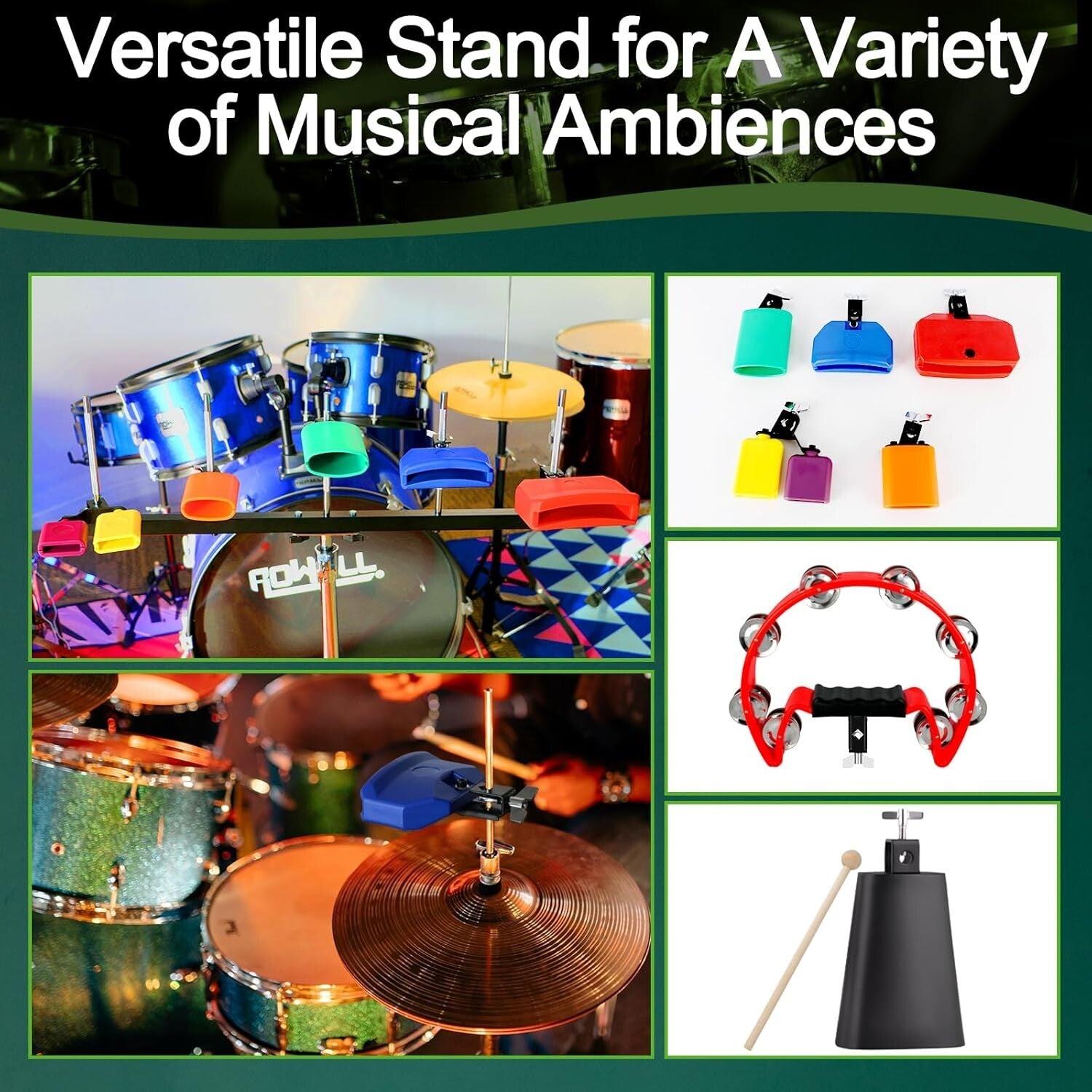 Professional Jam Block Percussion Stand - Stable Double Brace & Cowbell Holder