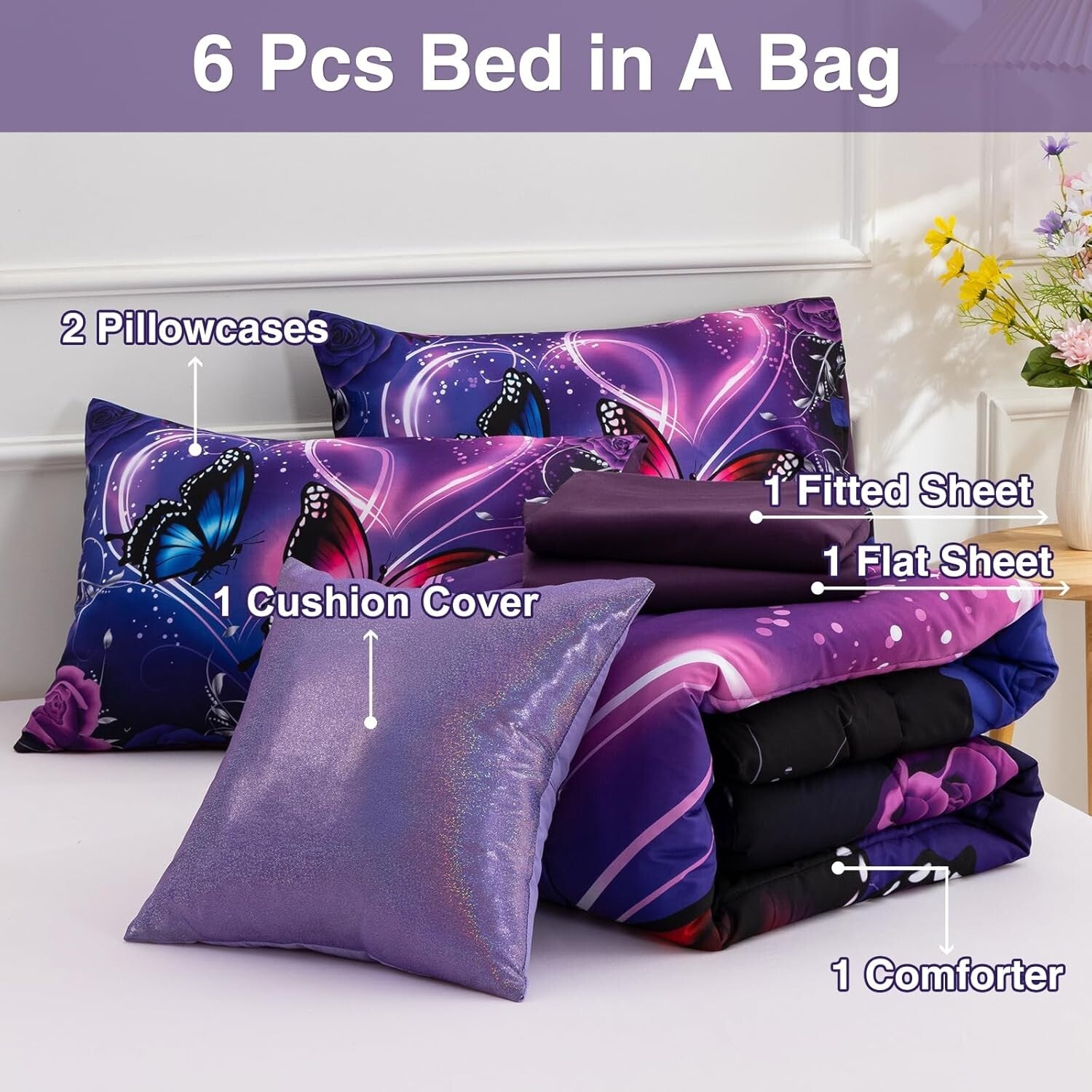 Galaxy 6pc Twin Comforter Set: Dreamy 3D Butterfly Print in Purple & Blue