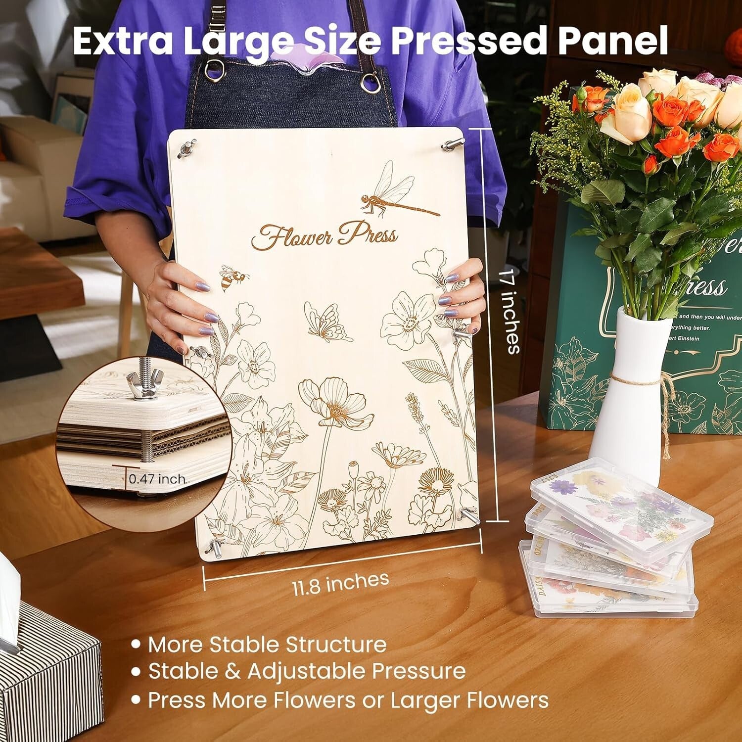 Adjustable Pressure 17"x12" Flower Press for Preserving Blooms - Rustic Design