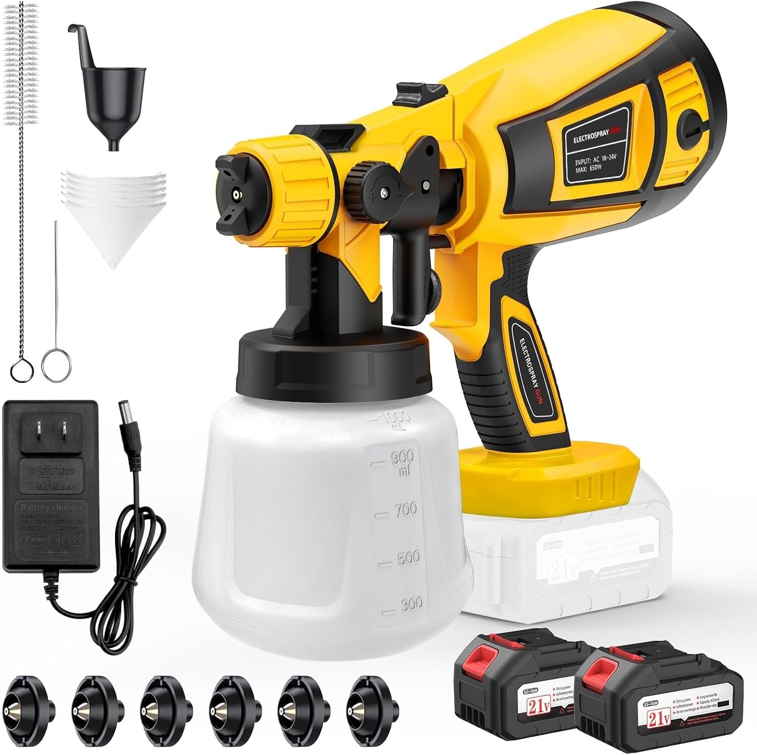 650W Cordless Paint Sprayer with 2 Batteries & 3 Modes - 1000ml Container