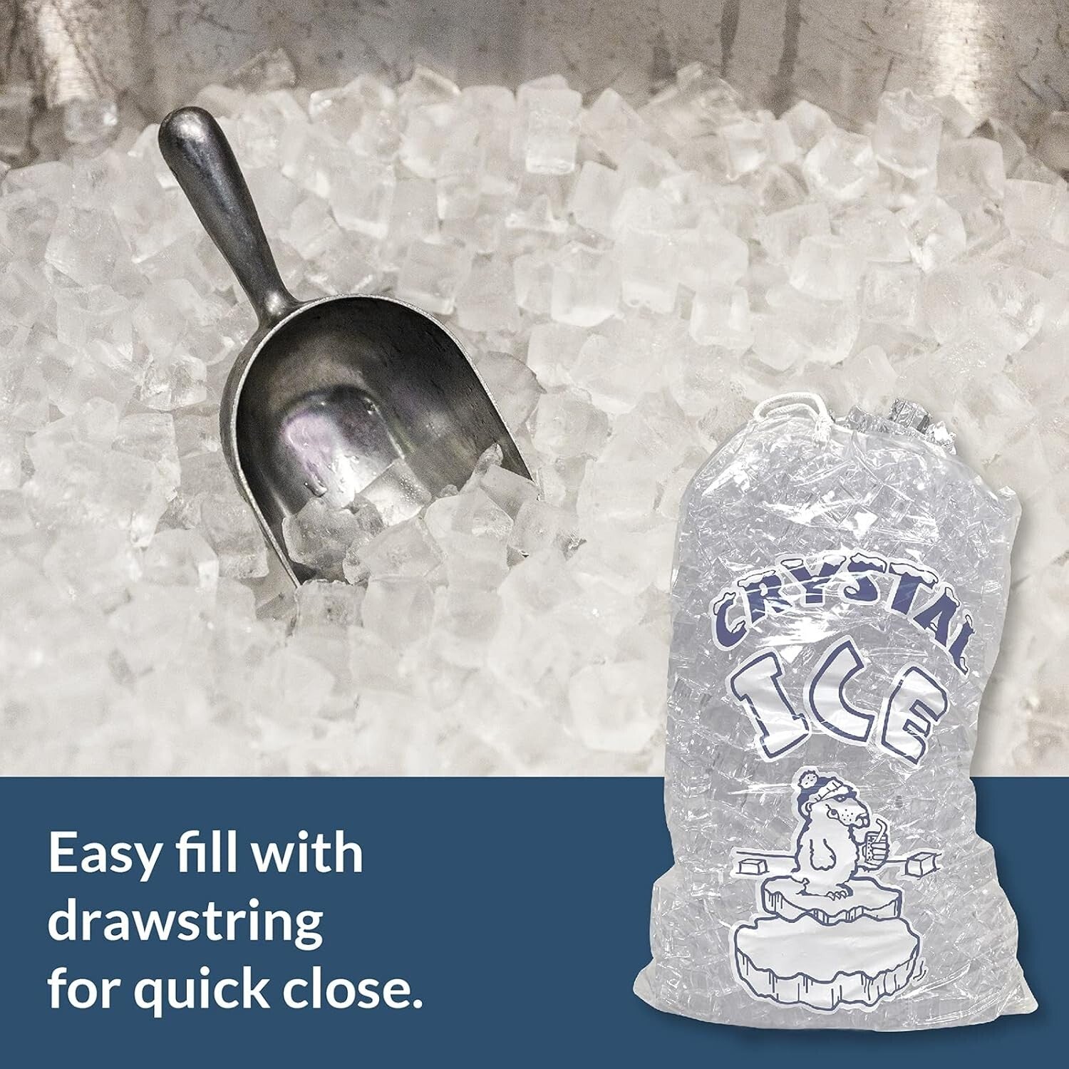 Eco-Friendly 8 lb. Clear Ice Storage Bags - 500 Count with Cotton Drawstring