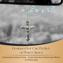 Load image into Gallery viewer, Unique 8-Inch Auto Clasp Rosary with Aquamarine Beads &amp; Silver Plate Crucifix