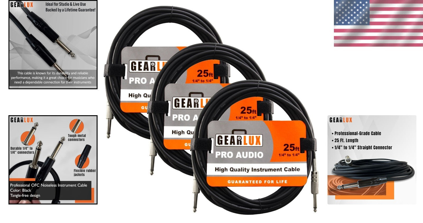 3 Pack Professional 25ft Black Guitar Cables with Straight 1/4 Inch Connectors