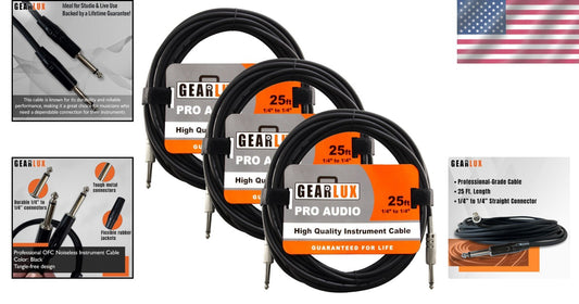 3 Pack Professional 25ft Black Guitar Cables with Straight 1/4 Inch Connectors