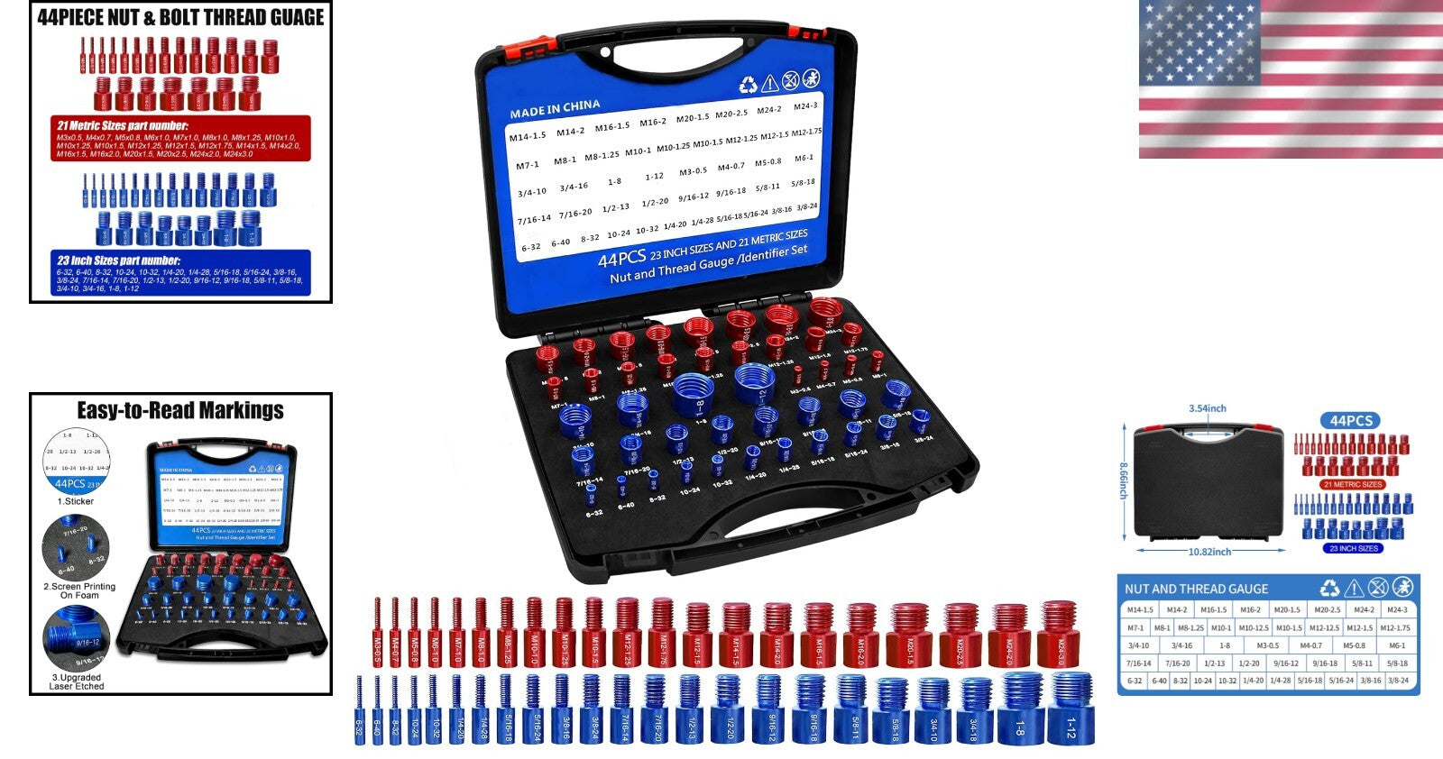 Efficient 44-Pc Nut & Bolt Gauge Set - Aluminum Thread Gauge for All Sizes