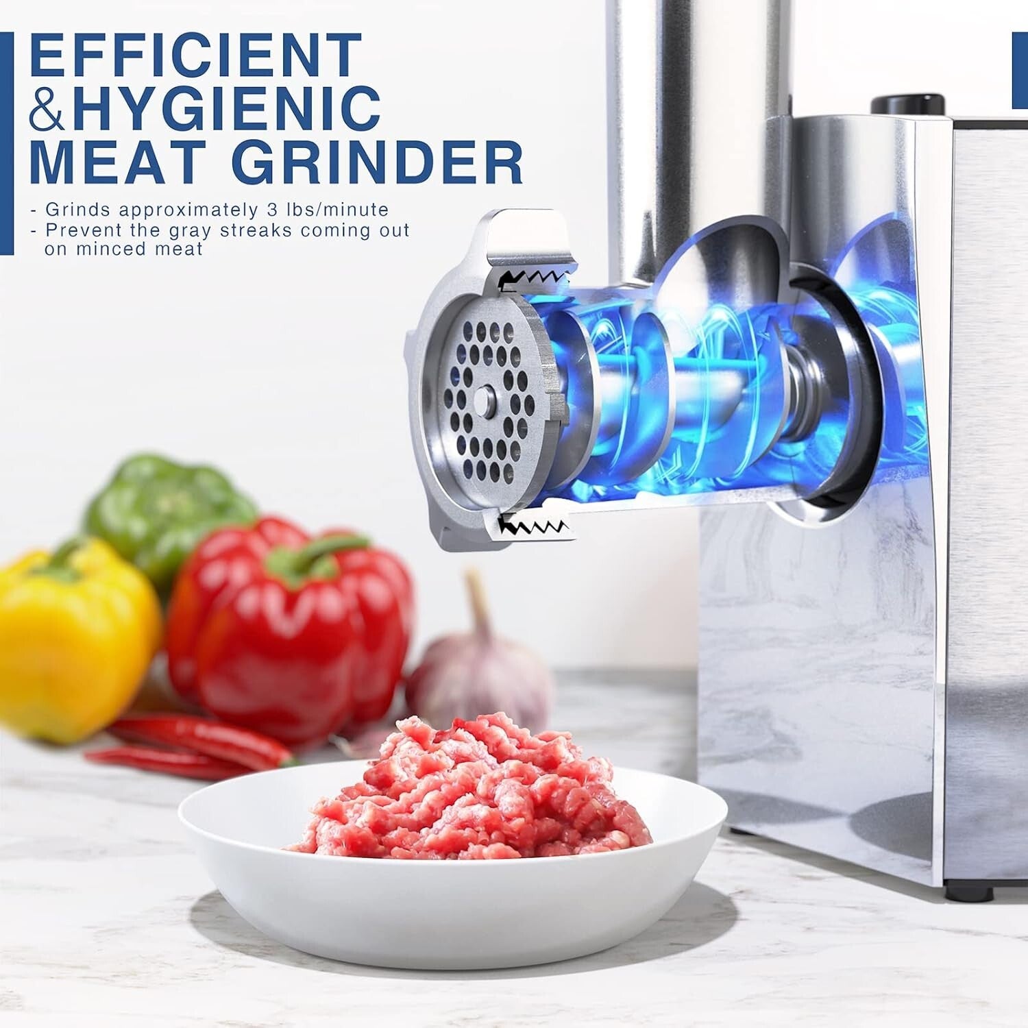 Stainless Steel Meat Grinder Machine - 180 lbs/hour Heavy-Duty with Sausage Kit