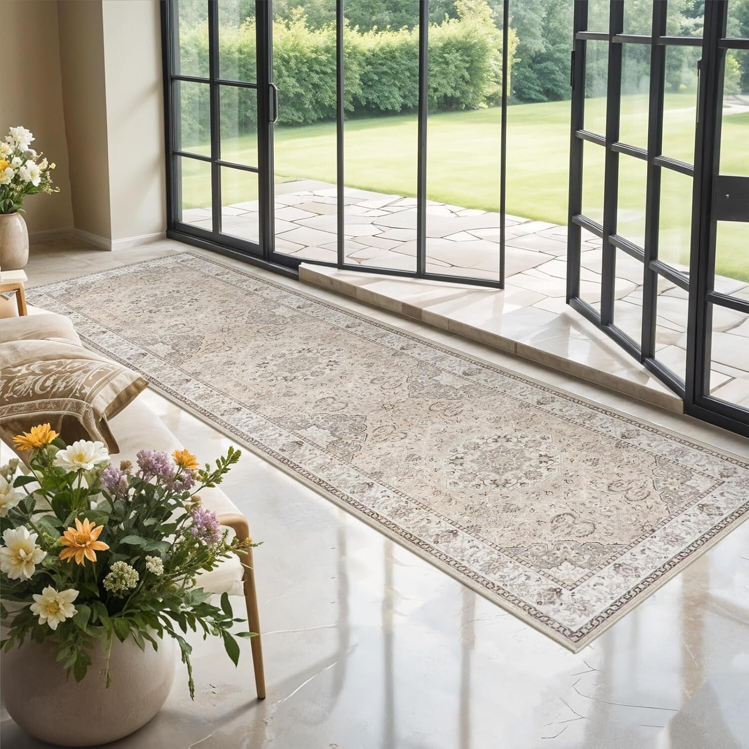 Classic Beige Hallway Runner Rug 3x10 - Durable, Lightweight, Elegant Design