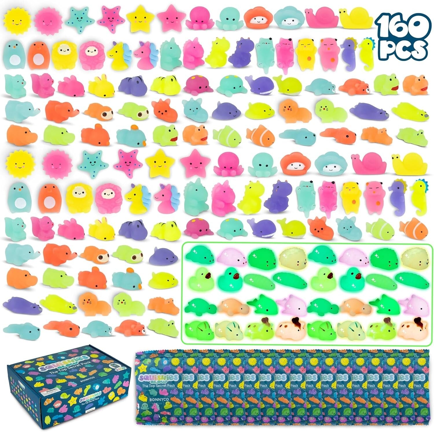 160 Assorted Squishy Fidget Toys with Glow in the Dark - Fun Kids Party Treats