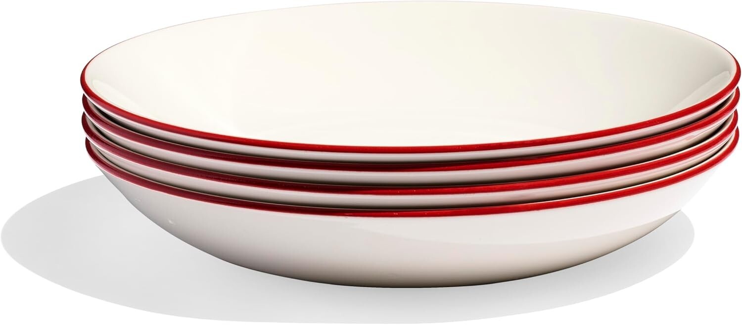 Elegant White and Red Rim Entrée Bowls - 10-Inch, Dishwasher and Microwave Safe