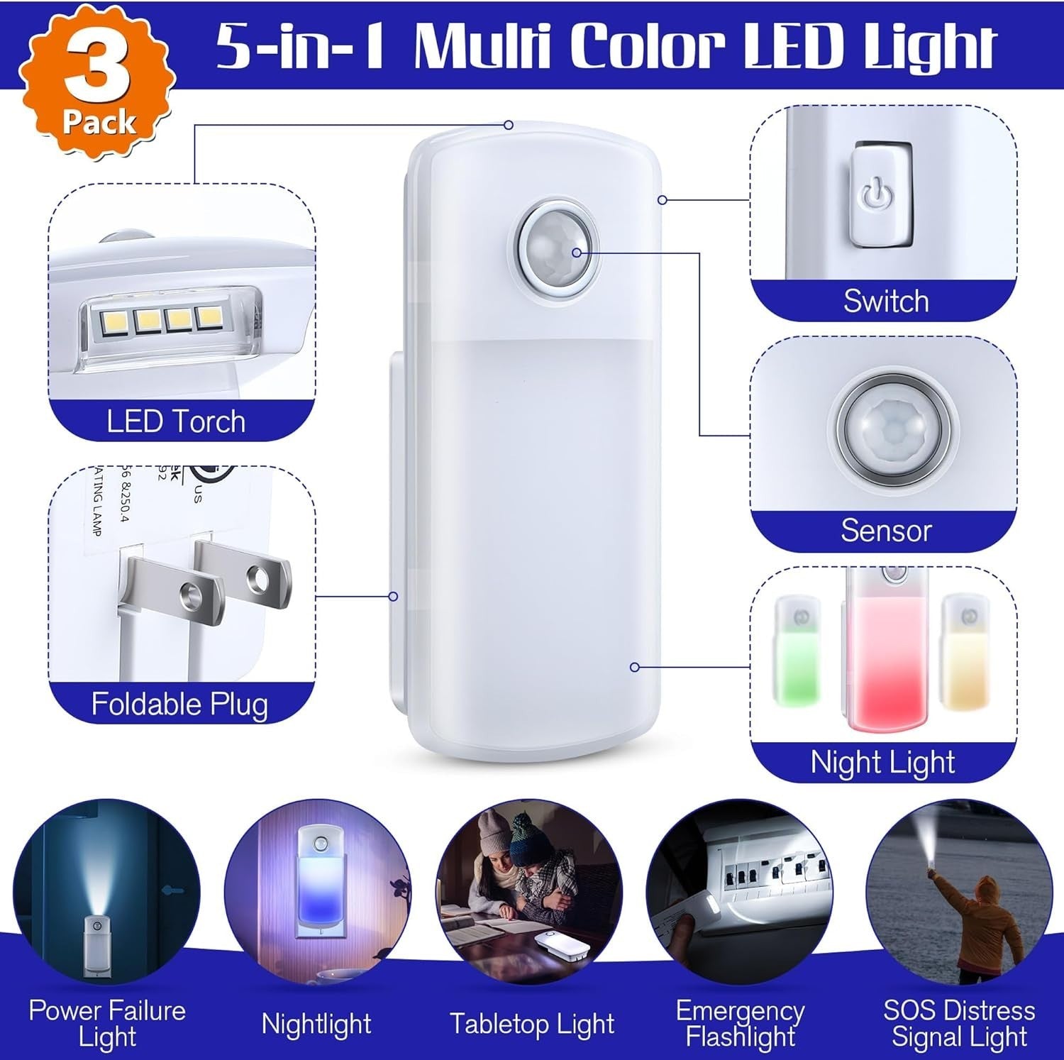 Dusk to Dawn Emergency Night Light & Flashlight with Foldable Plug - 3 Count