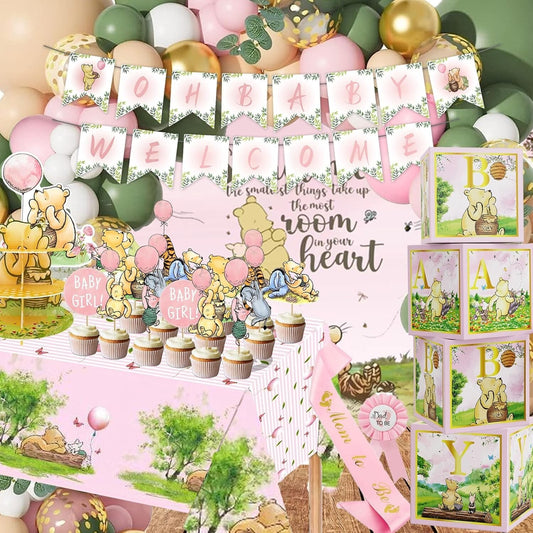 Classic Winnie Pooh Baby Shower Decorations in Pink – Complete 158-Piece Set