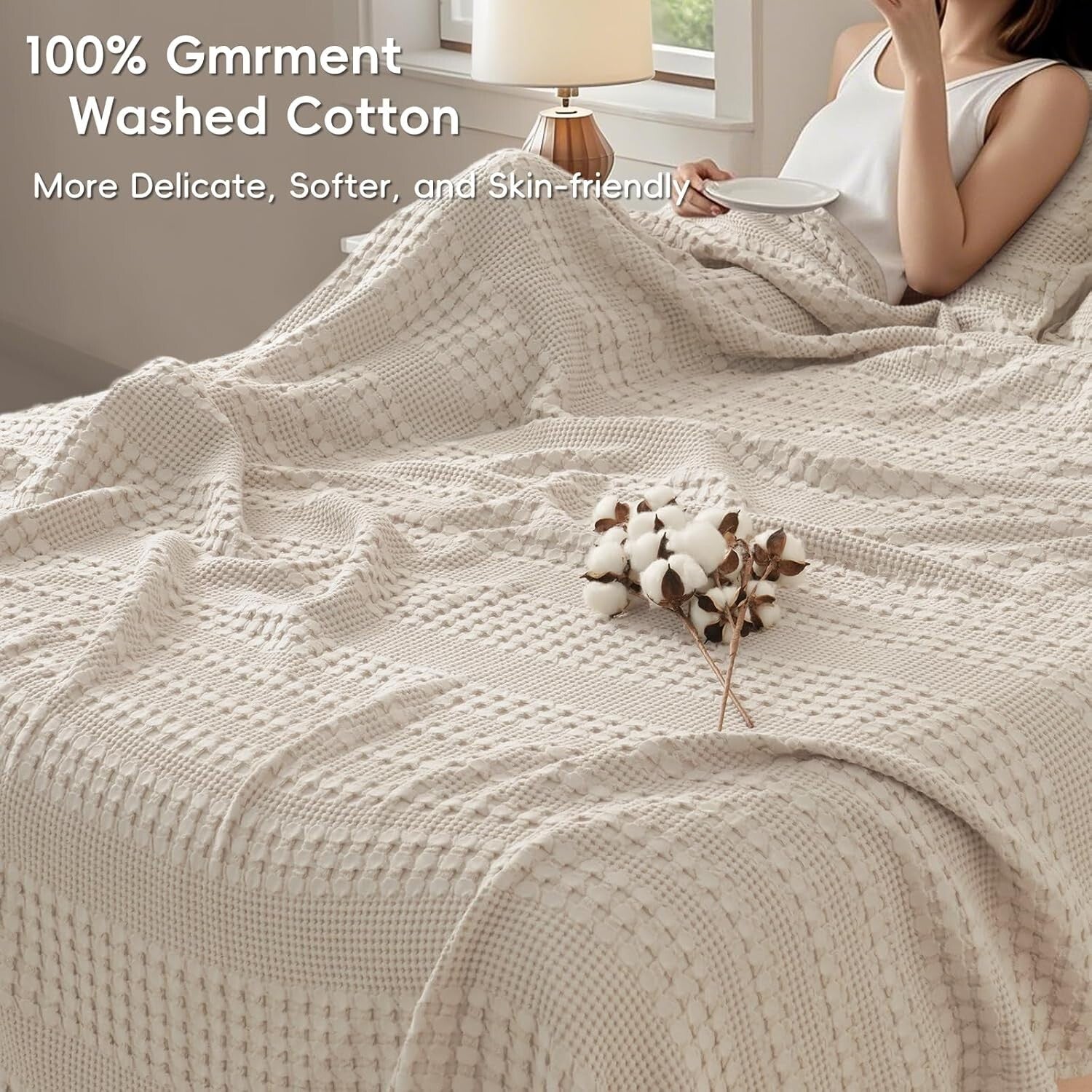 Elegant Oatmeal Waffle Weave Blanket - Soft King Size 108"x90", Machine Washable
