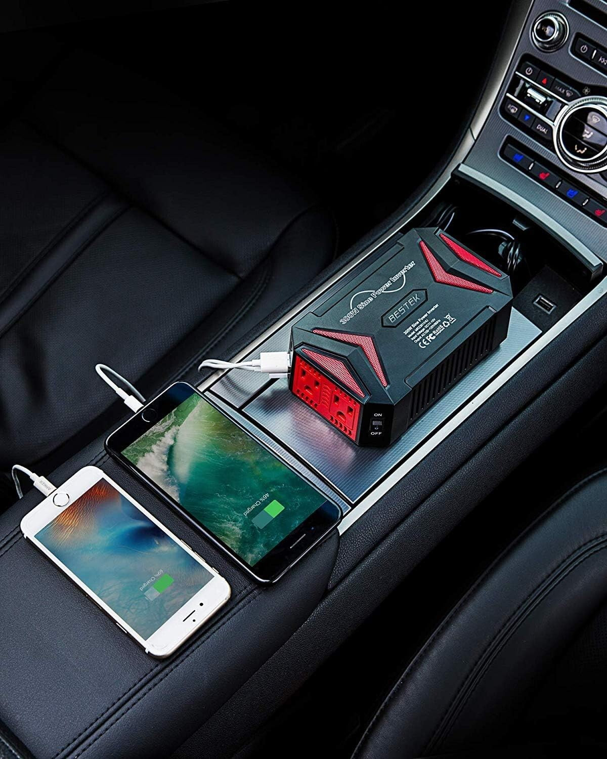 300W Vehicle Power Inverter with 2 AC Outlets and 4.8A USB Charging Power