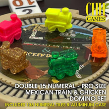 Load image into Gallery viewer, Premium Double 15 Domino Set with 9 Train &amp; 2 Chicken Markers - Travel Ready