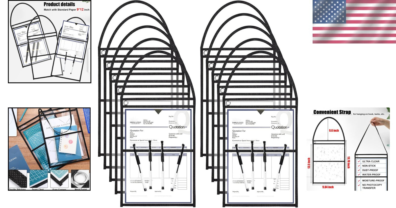 Clear 9x12 Work Order Plastic Sleeves with Grommet - 30 Pack for Easy Display