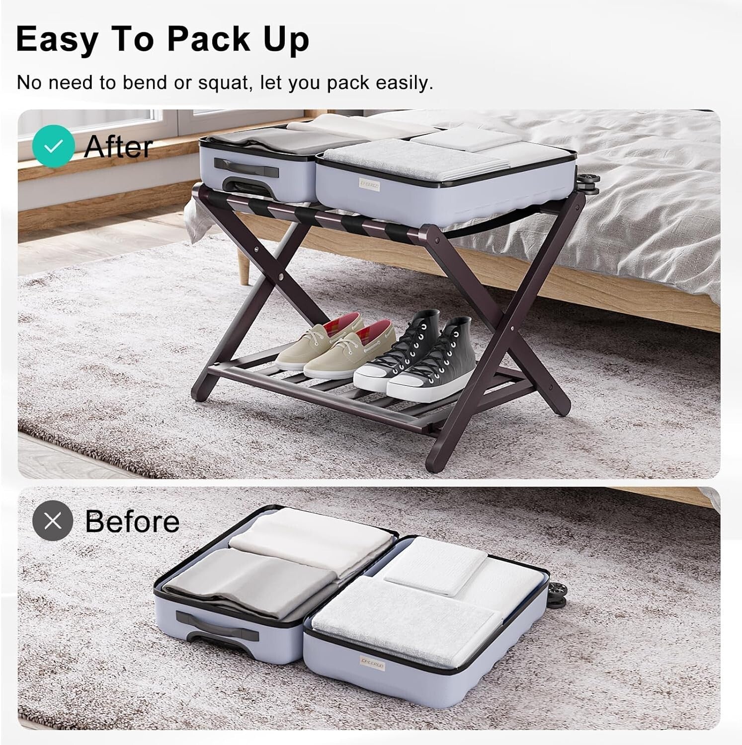 Fully Assembled Bamboo Luggage Rack with 5 Straps - Modern Guest Room Essentials