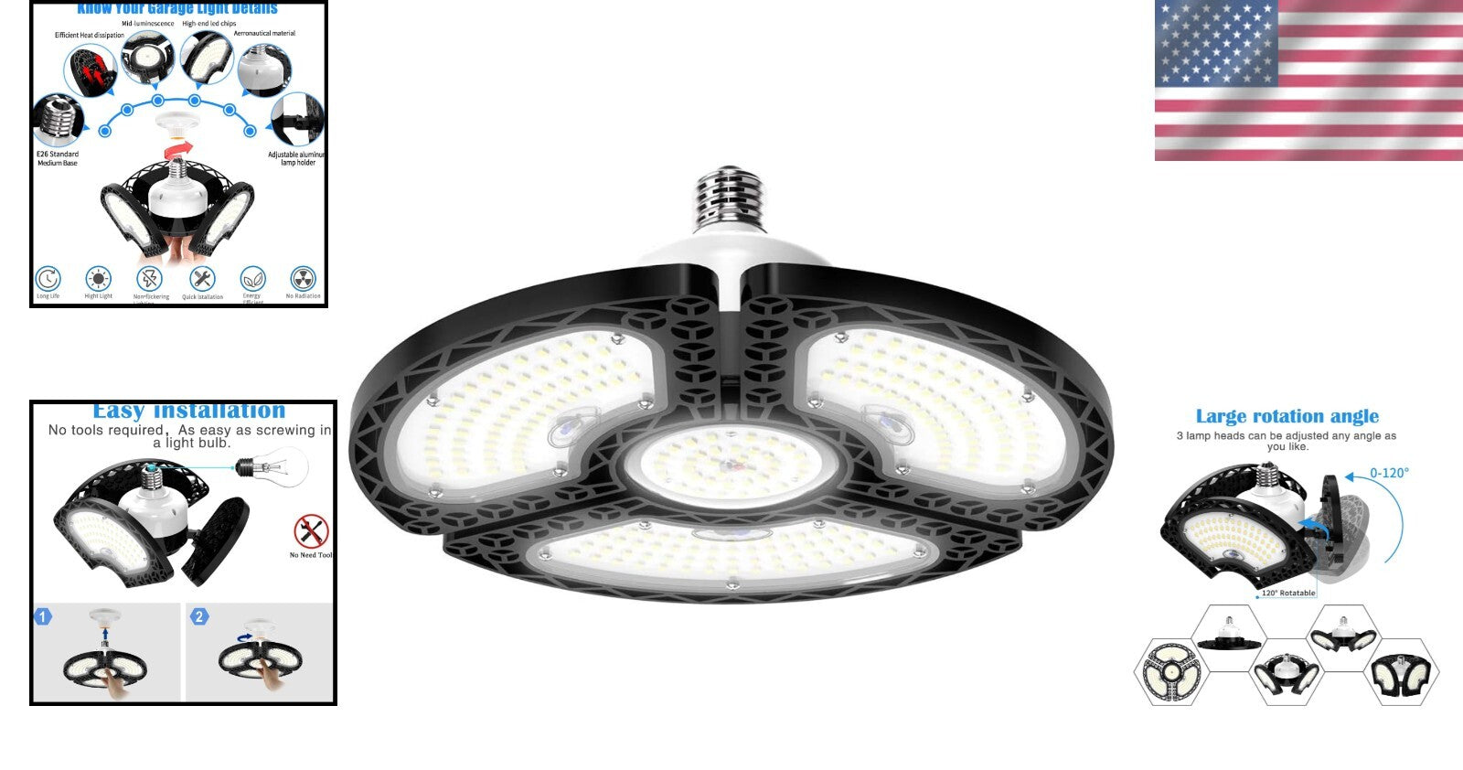 Energy-Efficient 80W LED Garage Light - 3 Adjustable Panels, 12000 Lumens