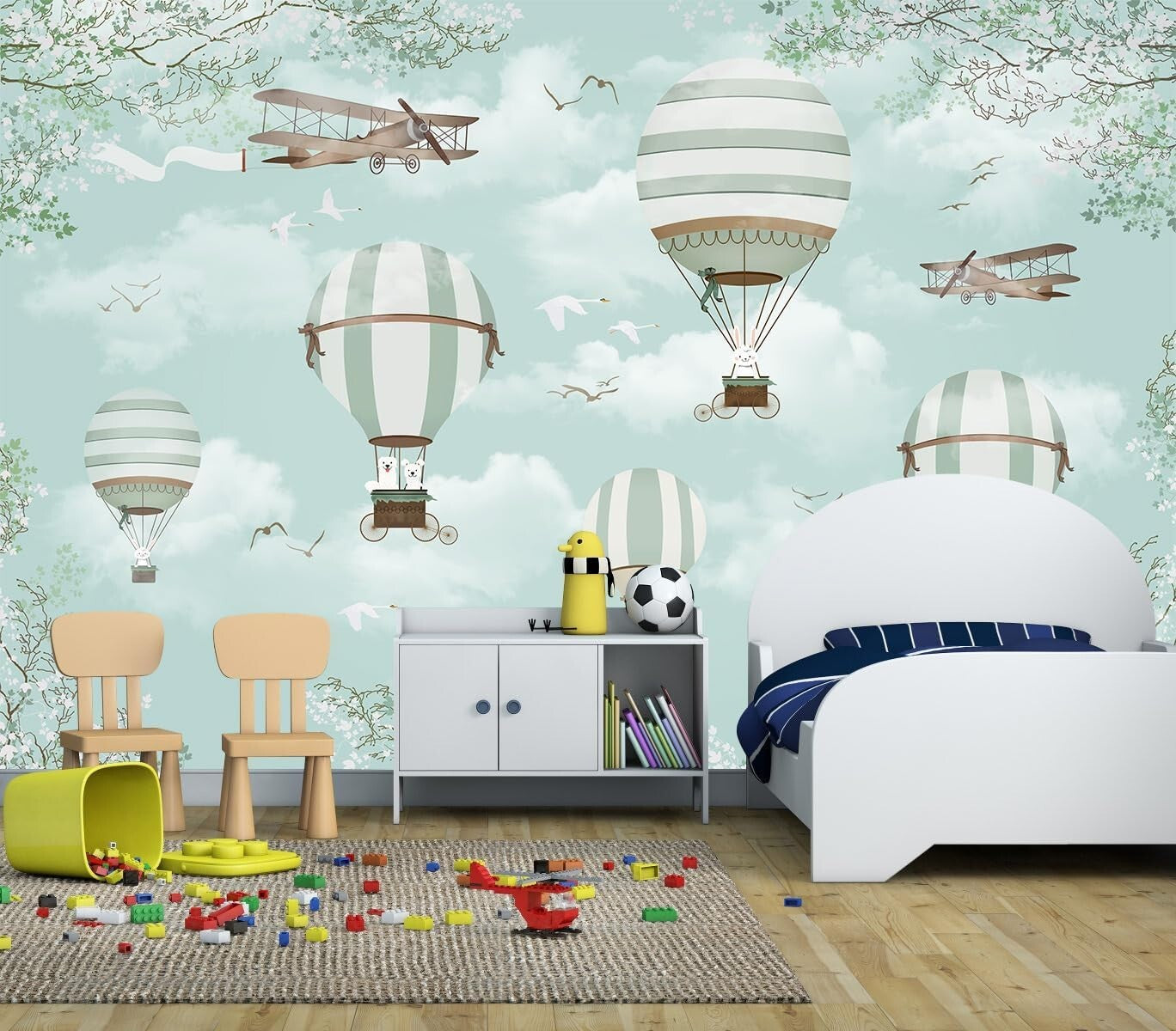 Animal-Themed Hot Air Balloon Wallpaper Mural - Perfect for Nurseries