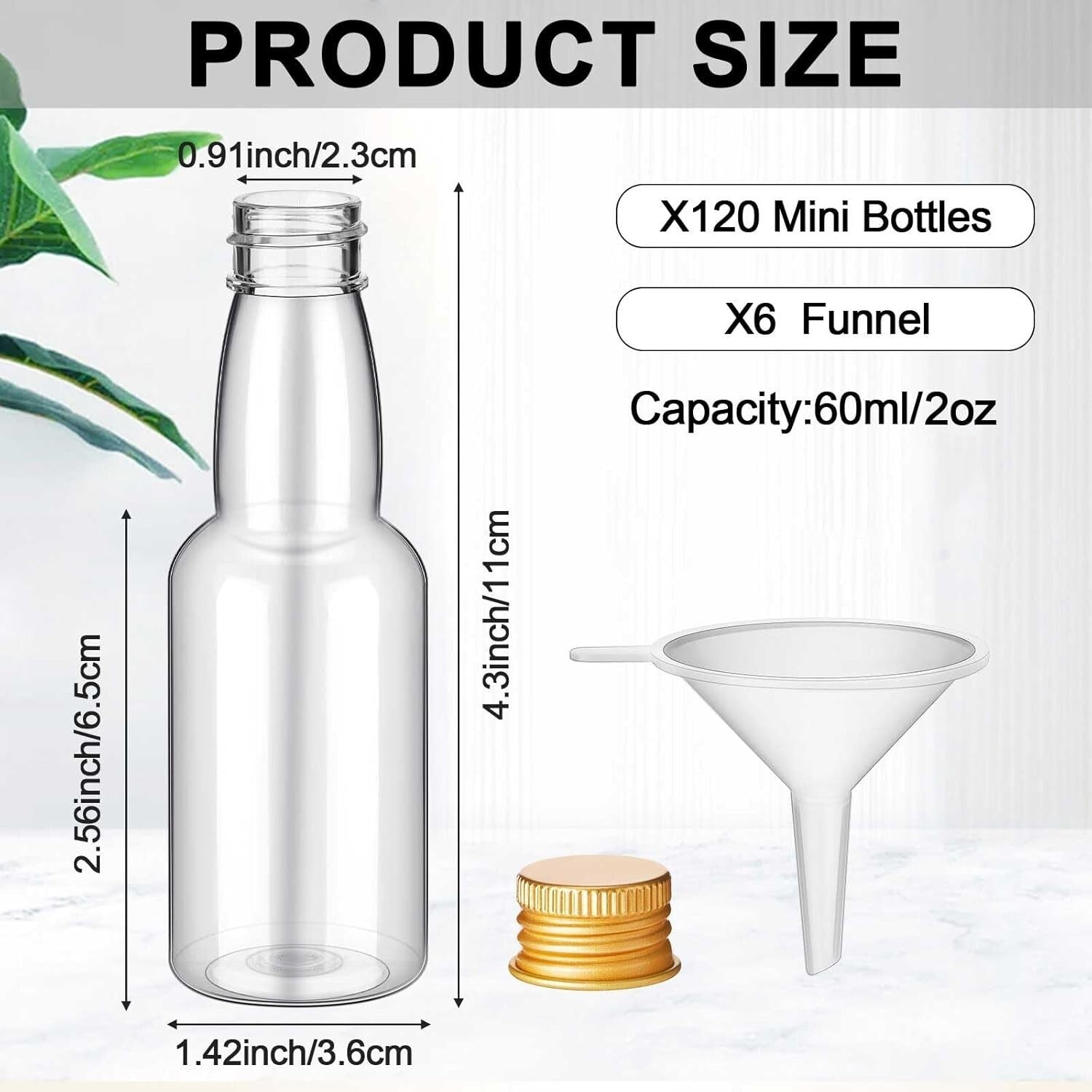 2 oz Gold Shot Bottles - 120 Mini Liquor Bottles with Funnels for Any Occasion