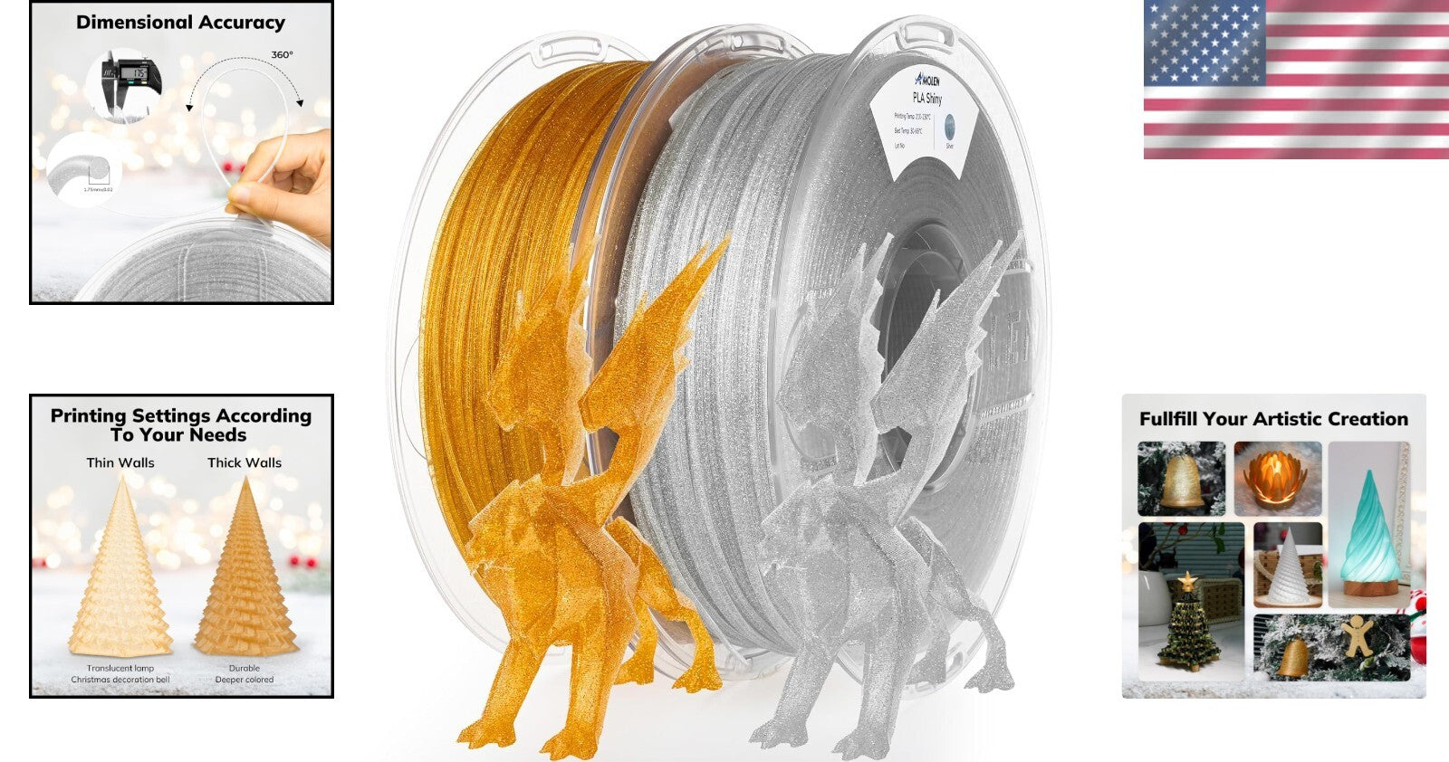 2kg Sparkly Gold & Silver 1.75mm PLA Filament - Perfect for Festive Creations