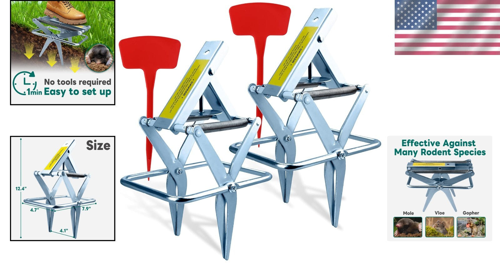 Fast-Acting 2 Pack Mole Traps - Rust-Proof Scissor Design for Quick Pests Kill