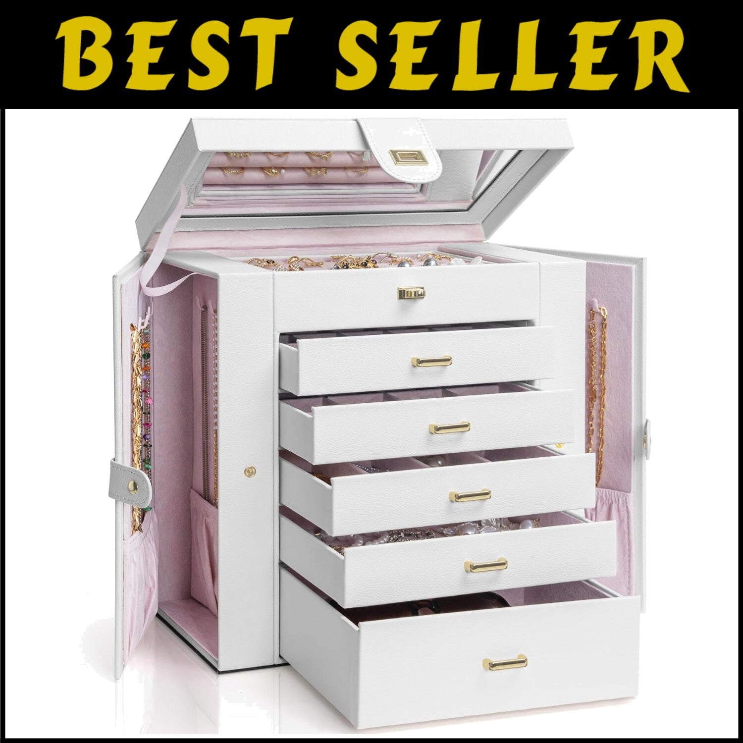 Portable 6-Tier Jewelry Organizer with 5 Drawers and Velvet Lining - Gift Idea