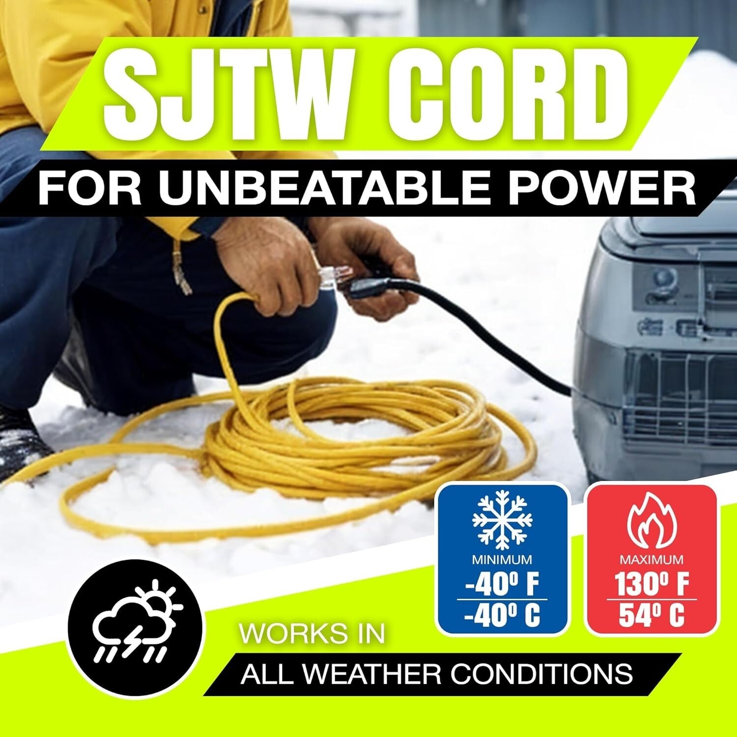 15 Amp 75ft Yellow Extension Cable - Heavy Duty, Waterproof, for All Power Needs
