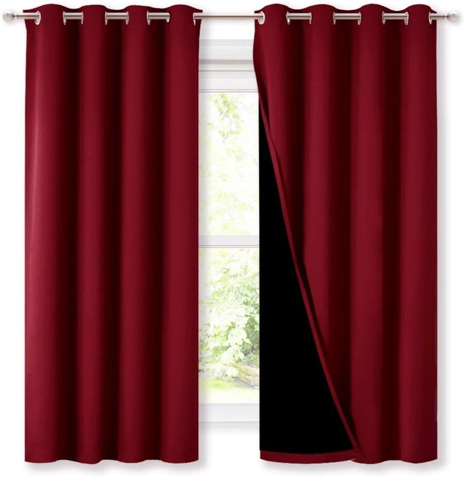 Burgundy Red 100% Blackout Curtains - Thermal Insulated & Noise Reducing Drapes