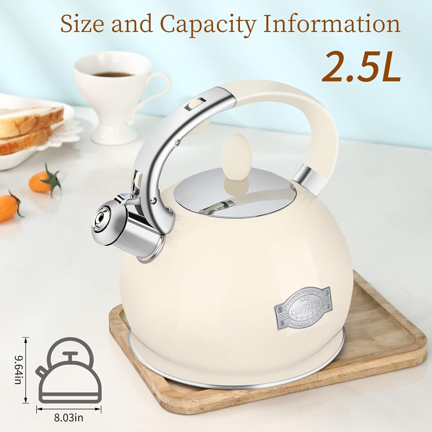 Stovetop Tea Kettle - Ergonomic 2.64 Quart Stainless Steel Whistling Kettle