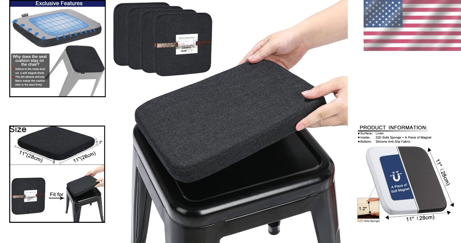 Comfortable Anti-Slip Linen Bar Stool Cushions – 4 Count for Bistro Elegance