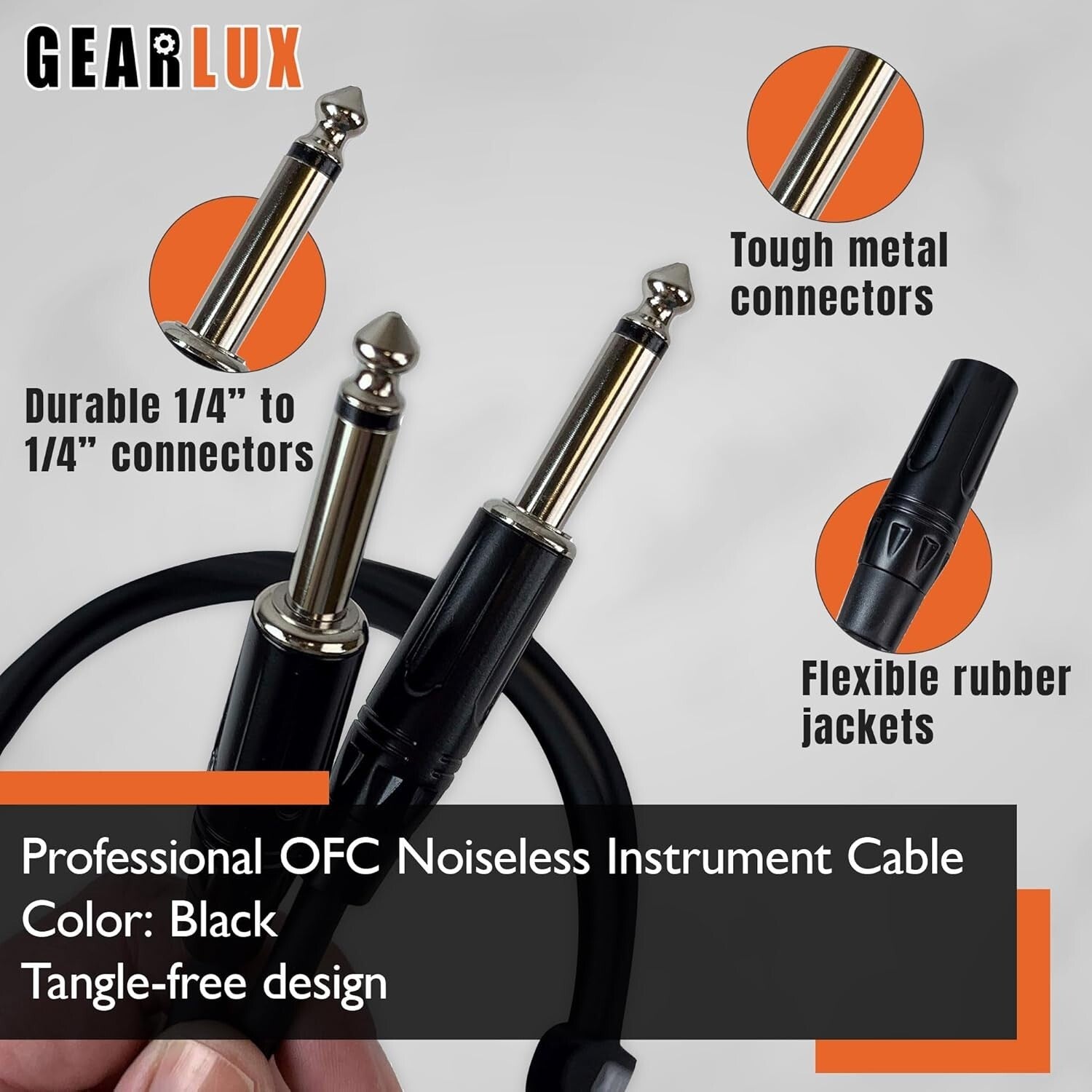 3 Pack Professional 25ft Black Guitar Cables with Straight 1/4 Inch Connectors