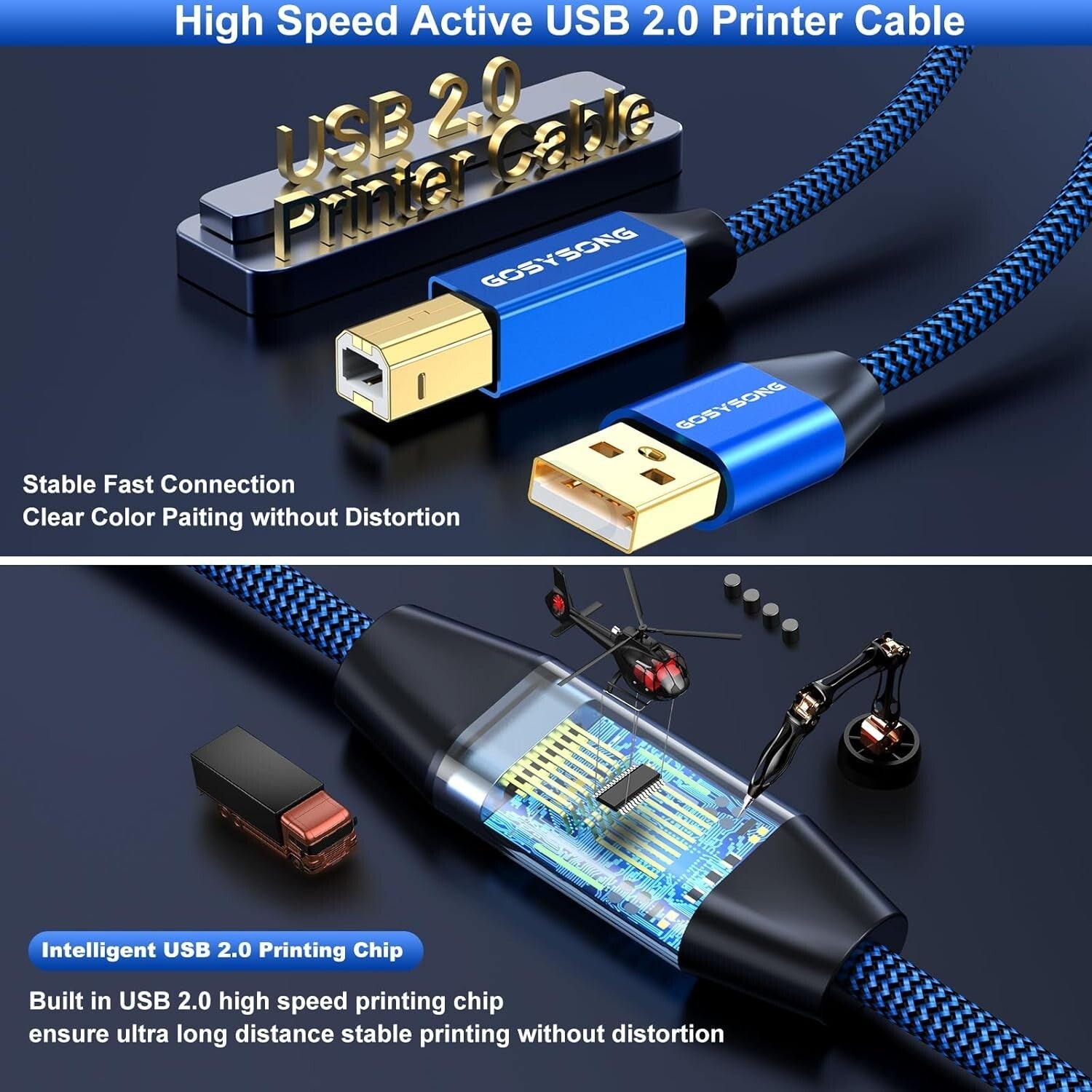Durable 60ft Braided USB 2.0 Printer Cable - Type A to B, Tangle-Free Design