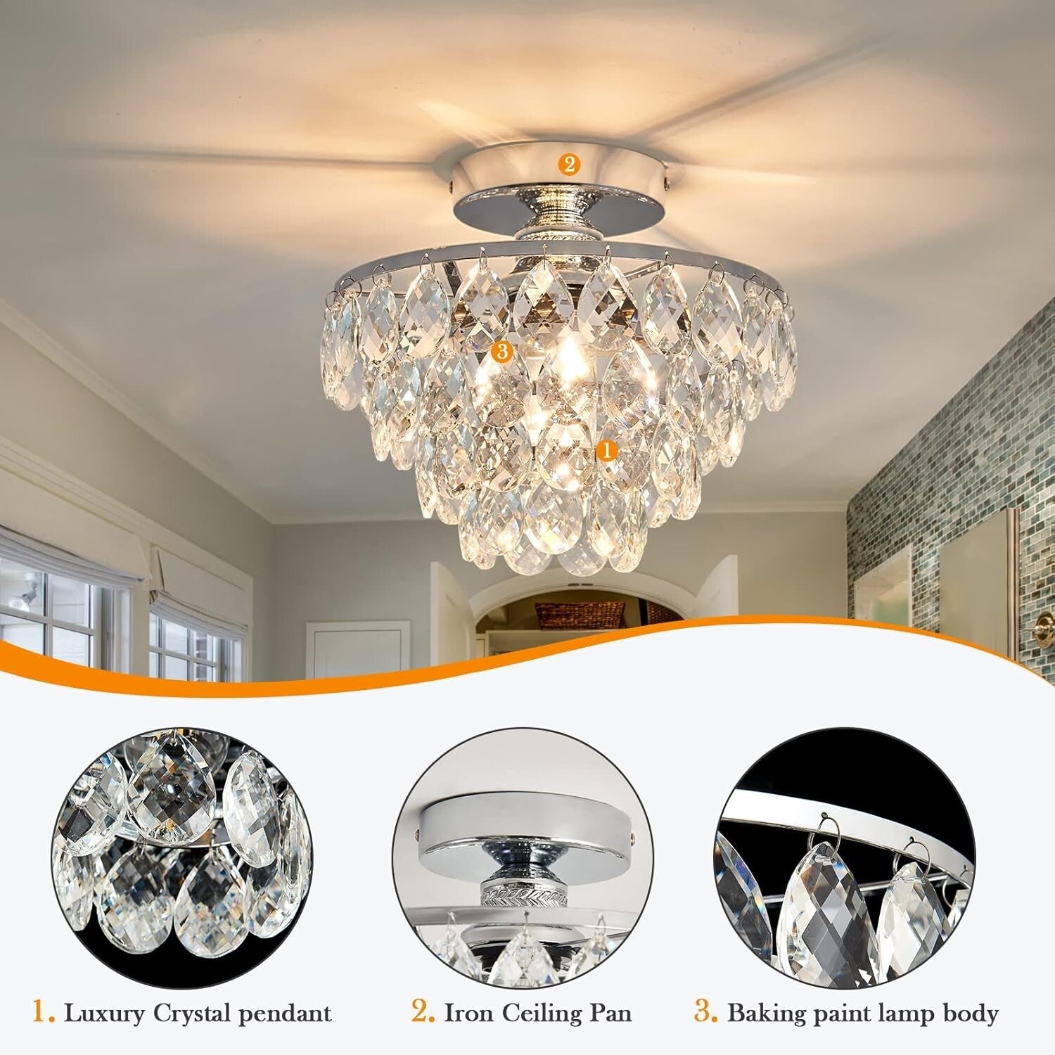 Elegant Small Crystal Chandelier Ceiling Light - Modern Semi Flush Mount Fixture