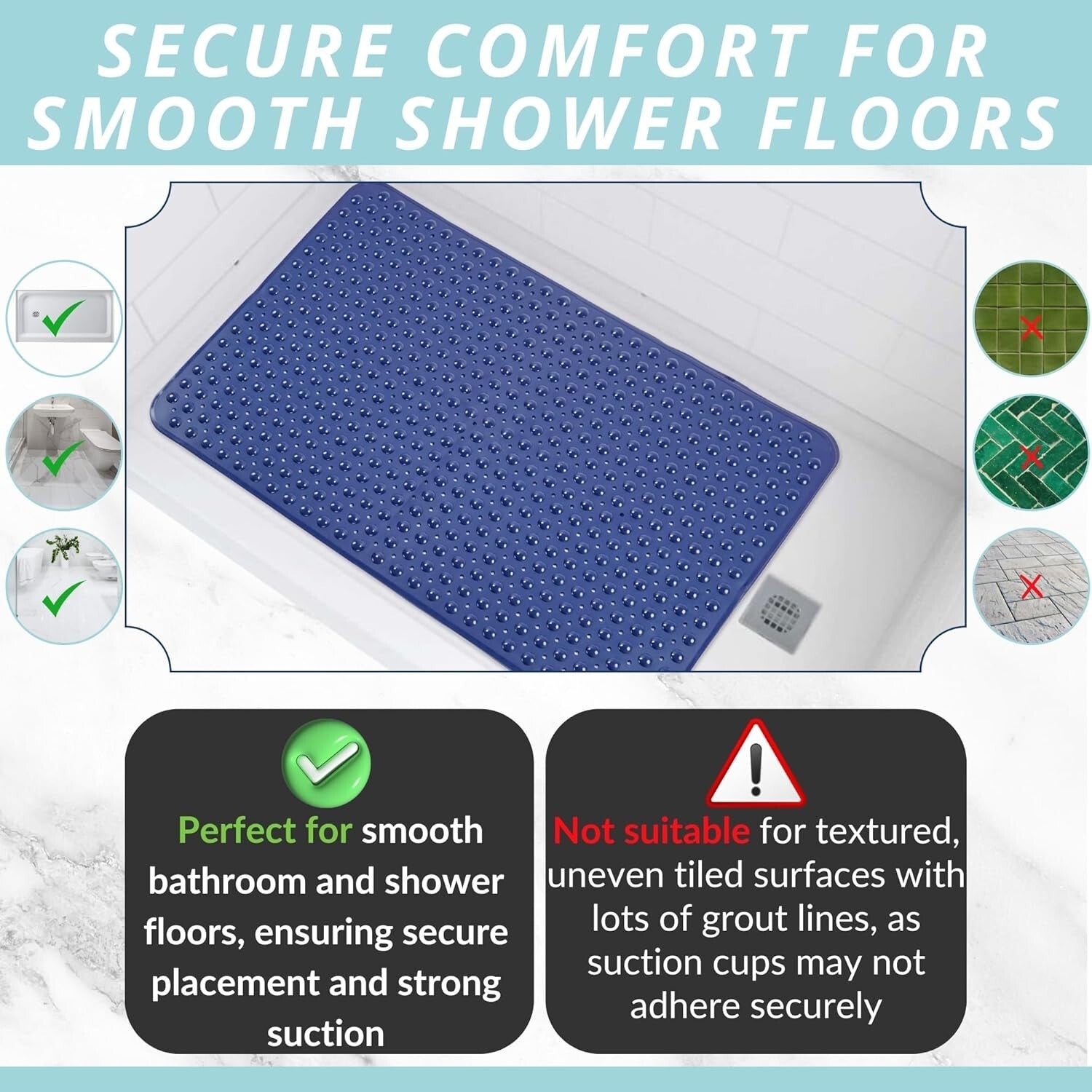 XL Bathroom Shower Mat 47x32 - Durable Anti-Slip with Drain Holes & Suction Cups