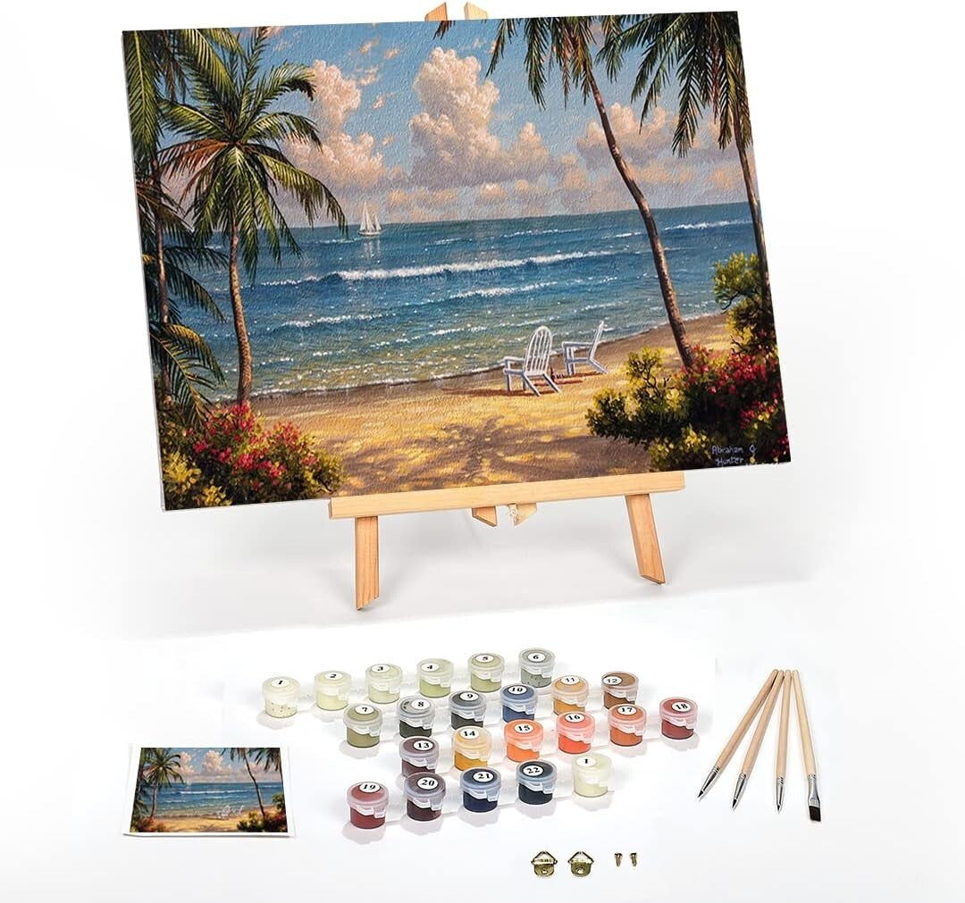Seaside Paradise 16x20 Paint by Numbers Kit with Framed Canvas & Easel