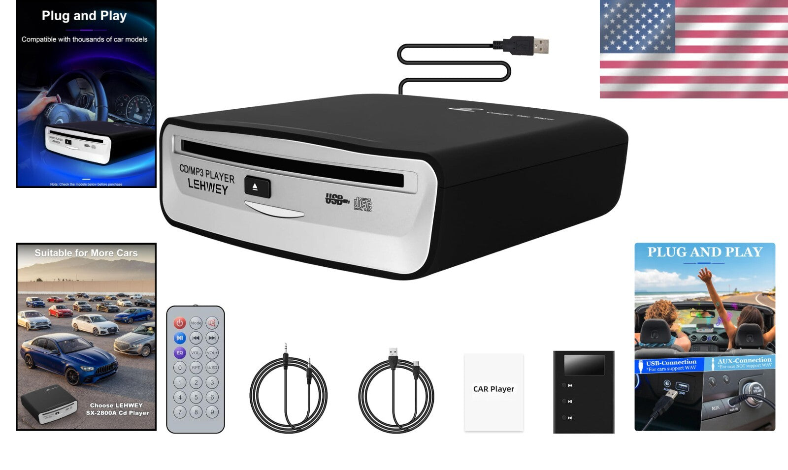 Universal Portable Car CD Player with Remote & AUX - Easy Plug-and-Play Solution