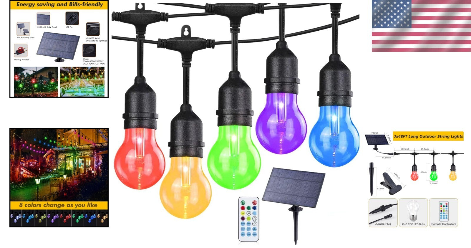 Dynamic Outdoor RGB String Lights - 8 Colors & USB Rechargeable Solar Panel