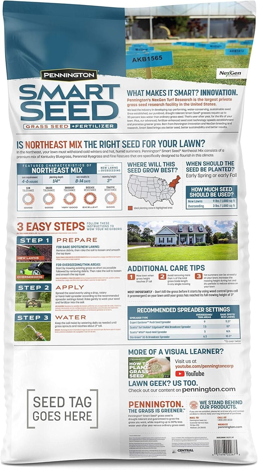 Premium 20 lb Smart Seed Mix: Kentucky Bluegrass & Ryegrass for Northeast Lawns