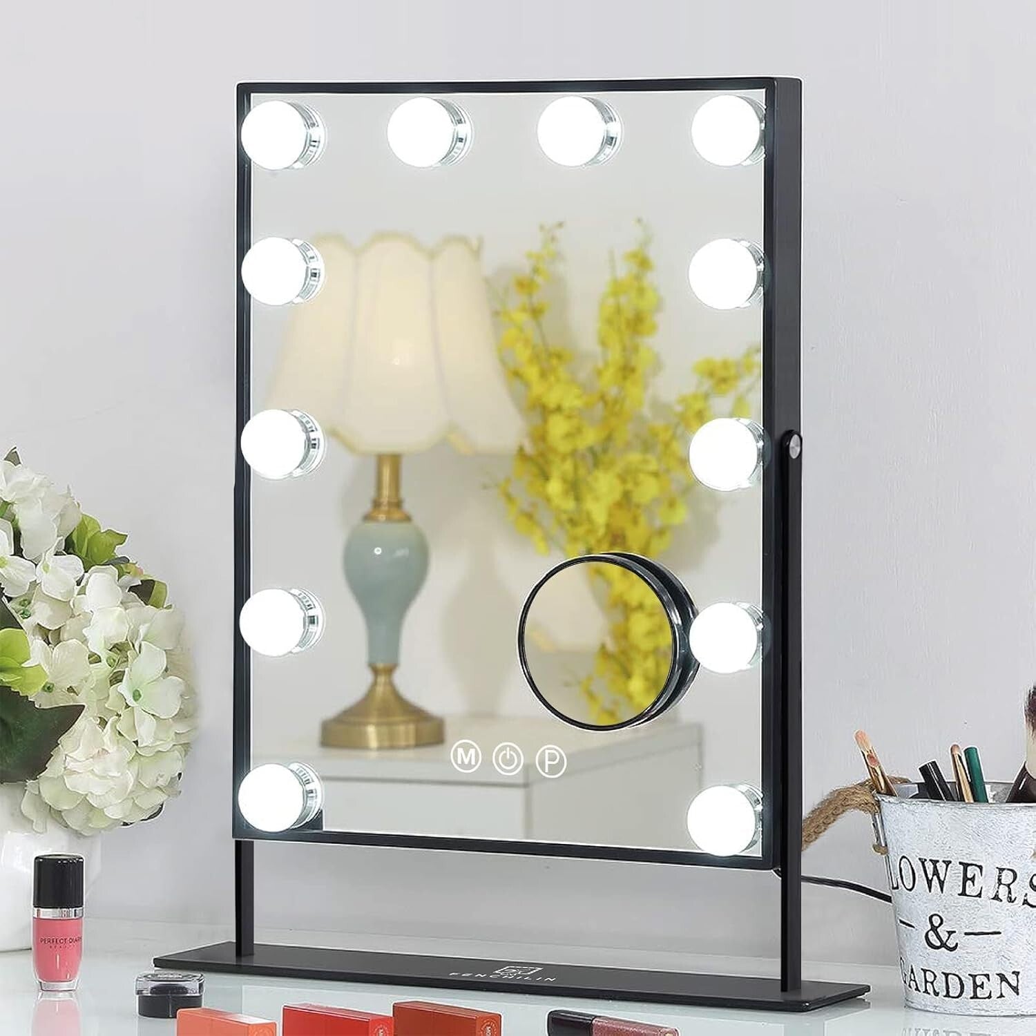 Elegant Black Glam Makeup Mirror - 3 Colors & Detachable 10X Magnification