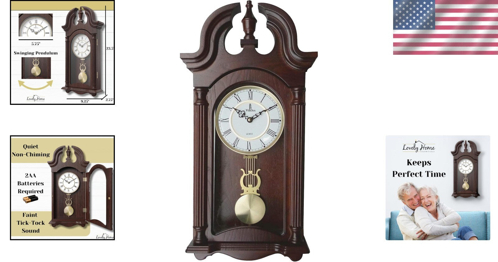Elegant Dark Wood Pendulum Wall Clock - Battery Operated, Silent, 23.5x9 inches