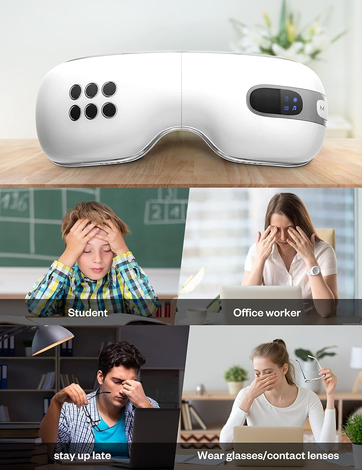 Bluetooth Eye Massager with Heat & Cooling – Relieve Migraines & Dark Circles