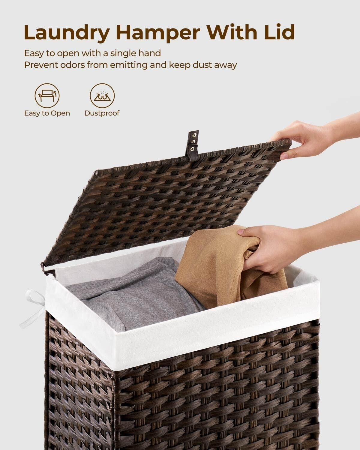 Chic Brown Laundry Basket with Lid & 2 Washable Bags - 90L Stylish Storage