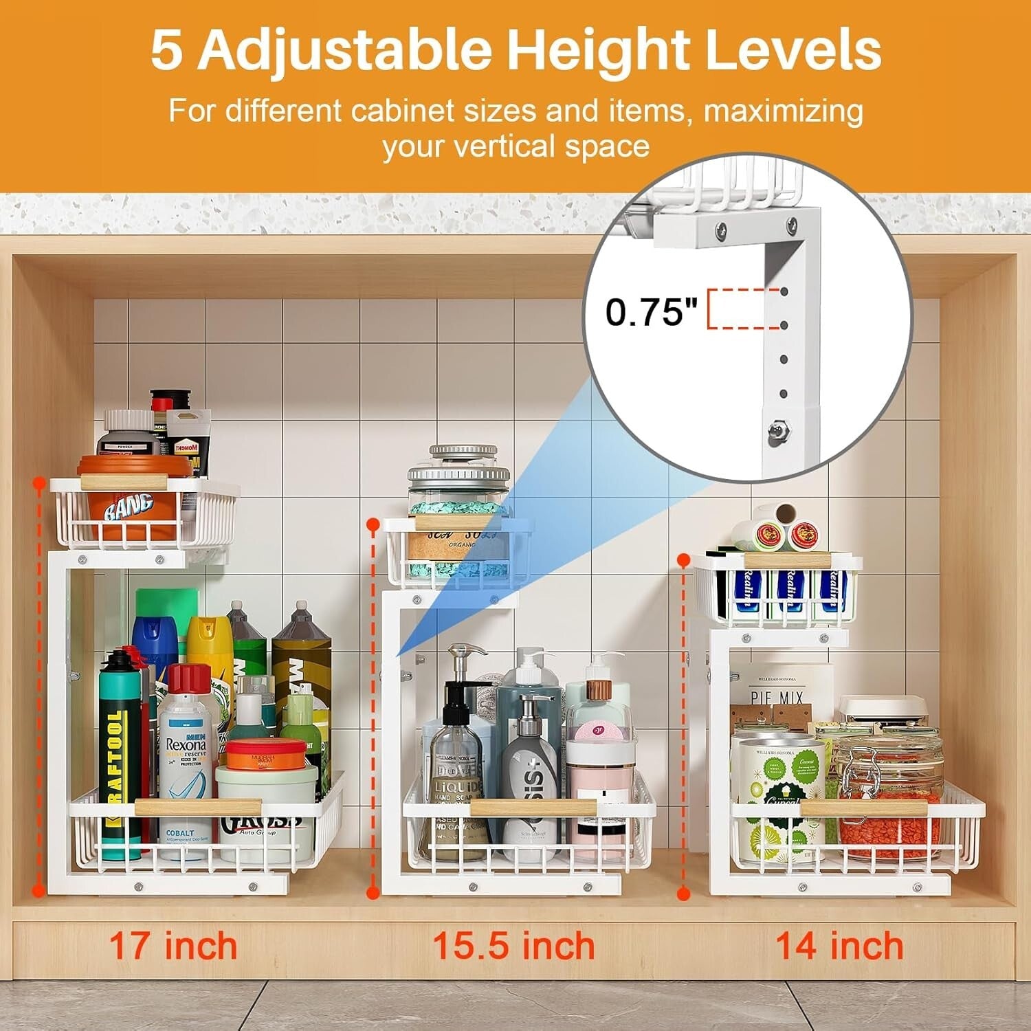2-Tier Height Adjustable Under Sink Organizer - Space-Saving Pull Out Storage