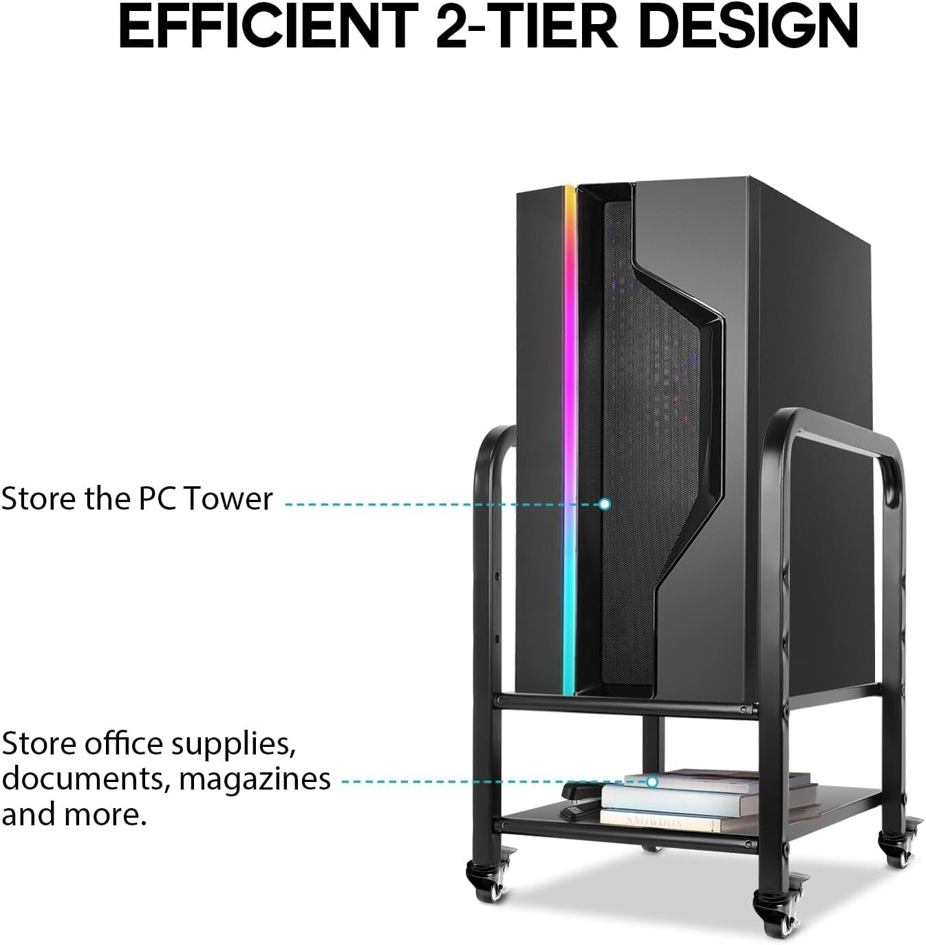 Efficient Computer Case Stand with 2-Tier Design and Mobile Caster Wheels
