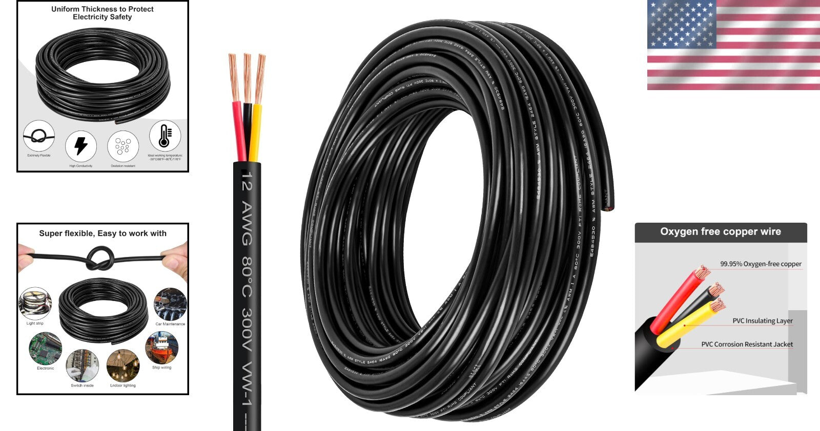 Weather-Resistant 12 Gauge Stranded Wire - 200FT Copper Cable for DIY Projects