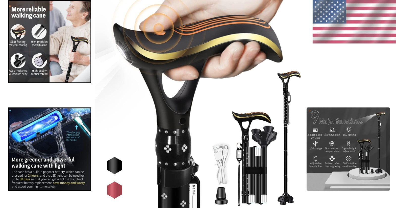 Ergonomic Foldable Cane with Smart Alarm & LED Light for Fashionable Mobility