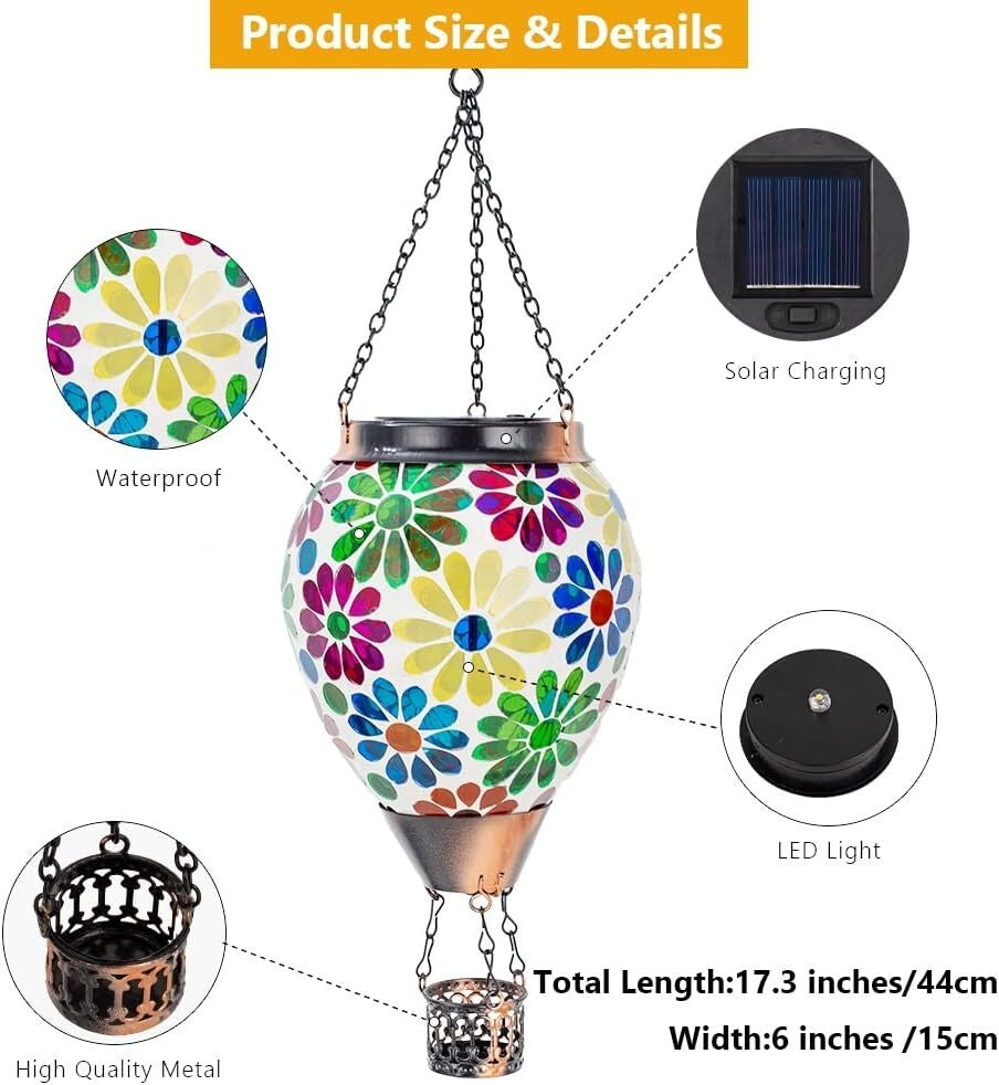 Waterproof Glass Mosaic Hot Air Balloon Lantern - Solar Powered Elegance